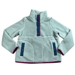 LL Bean High Pile Sherpa Fleece Pullover Jacket Womens Medium Teal Snap Pocket